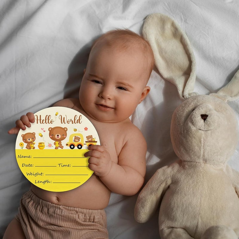 CLHHM Bear Baby Name Announcement Sign Hello World Newborn Sign wooden Newbaby Gifts Nursery Wall Décor 5.9 Inch Baby Stats Board - Image 3